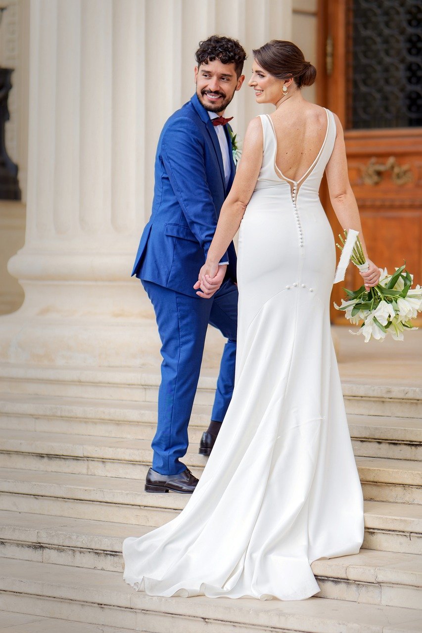 people, couple, lovers, married, bride, groom, white dress, flowers, costume, blue, flower background, climbing, stairs, nature, beautiful flowers, building, event, flower wallpaper, wedding, happy, happiness, snapshot